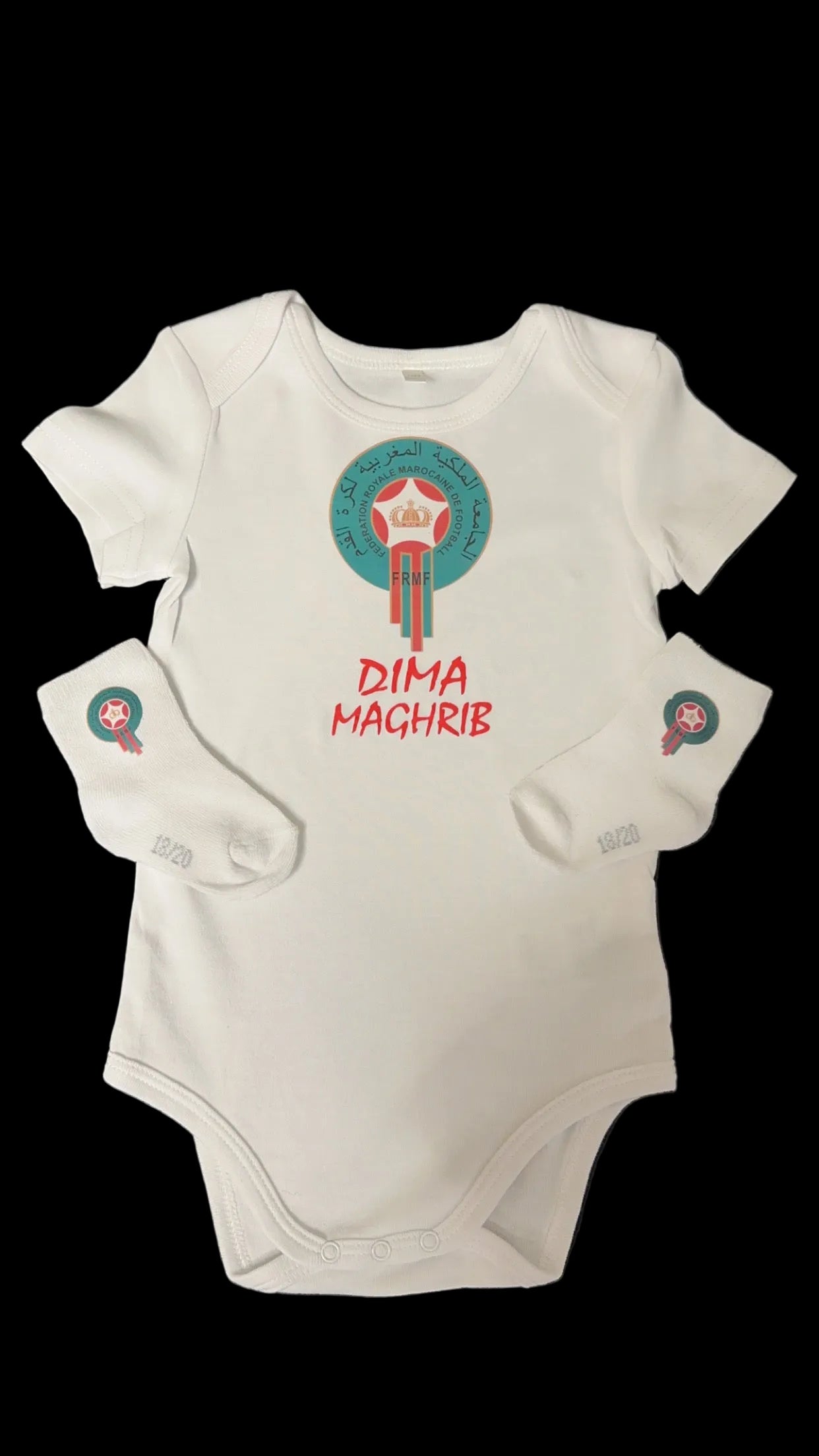Morocco Baby Outfit 🇲🇦 – Dima Maghrib Baby Bodysuit & Socks – Moroccan Baby Gift – Football Fan Baby Clothes