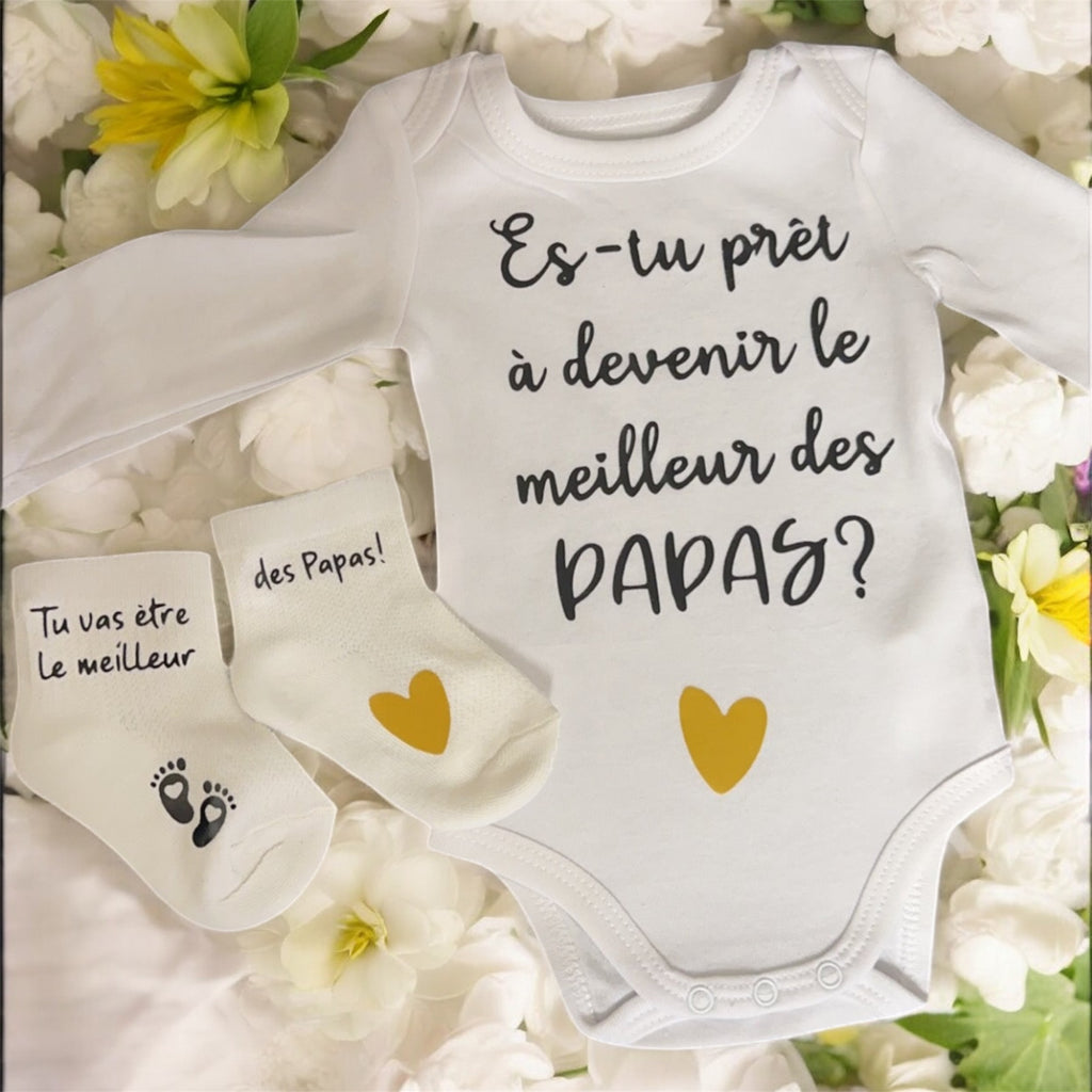 Ensemble bébé annonce grossesse – Body + Chaussettes personnalisées “Meilleur des Papas” – Idée cadeau future maman / surprise papa