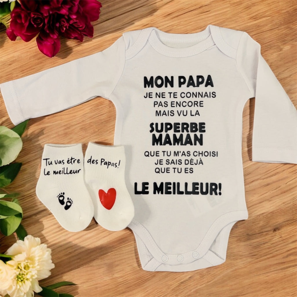 ensemble Body et chaussette Bébé Message Drôle – “Mon Papa, Je ne te connais pas encore…” | Cadeau de Naissance annonce grossesse Original