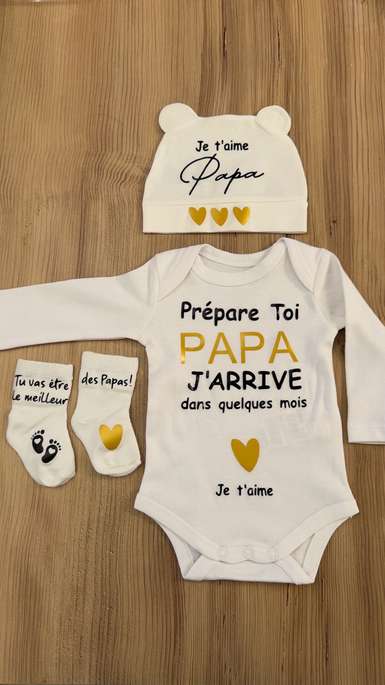 Ensemble annonce grossesse pour papa 👶💛 | Body + bonnet + chaussettes – Cadeau surprise future papa
