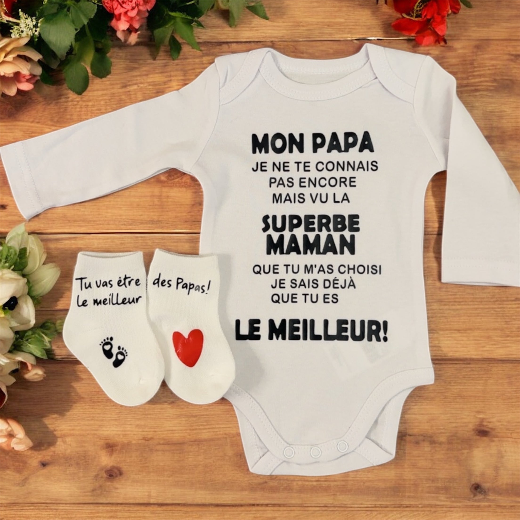 ensemble Body et chaussette Bébé Message Drôle – “Mon Papa, Je ne te connais pas encore…” | Cadeau de Naissance annonce grossesse Original