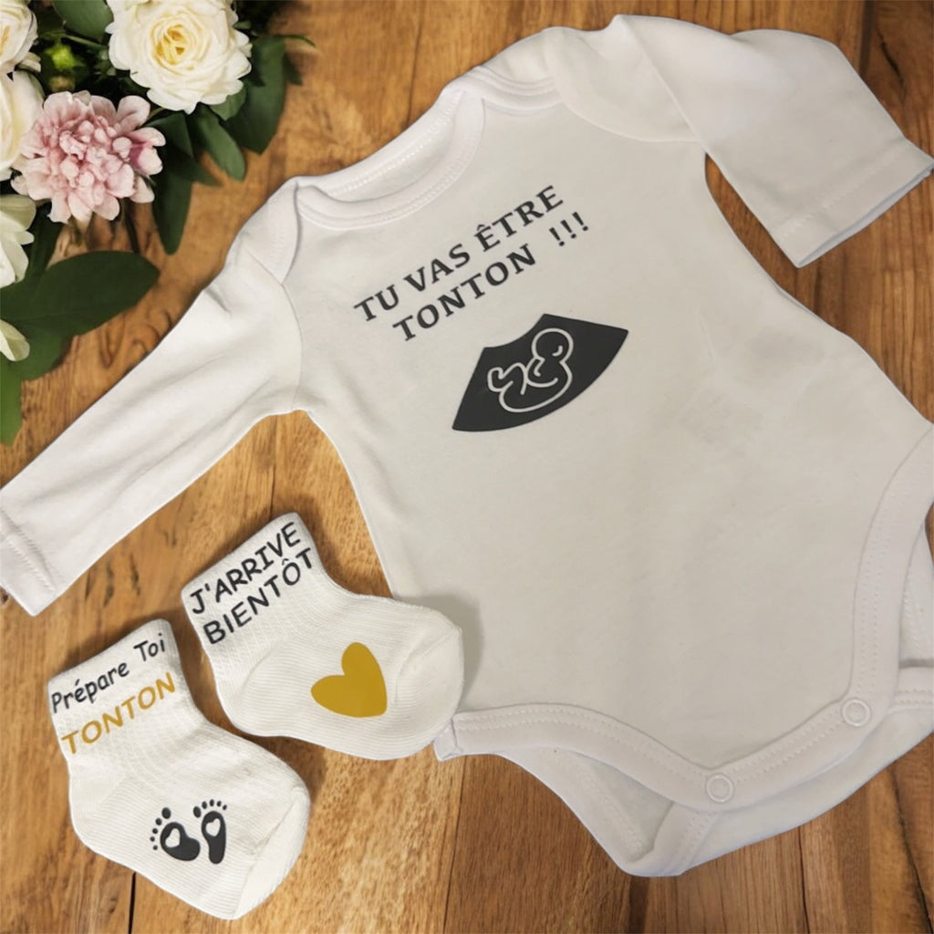 🍼 ensemble annonce grossesse – Body “Tu vas être Tonton !!!” + chaussettes bébé – Cadeau futur tonton original – Idée annonce famille 💛