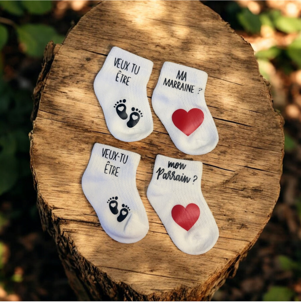 🧦 Chaussettes bébé – Demande Parrain & Marraine ❤️ – Cadeau annonce grossesse original