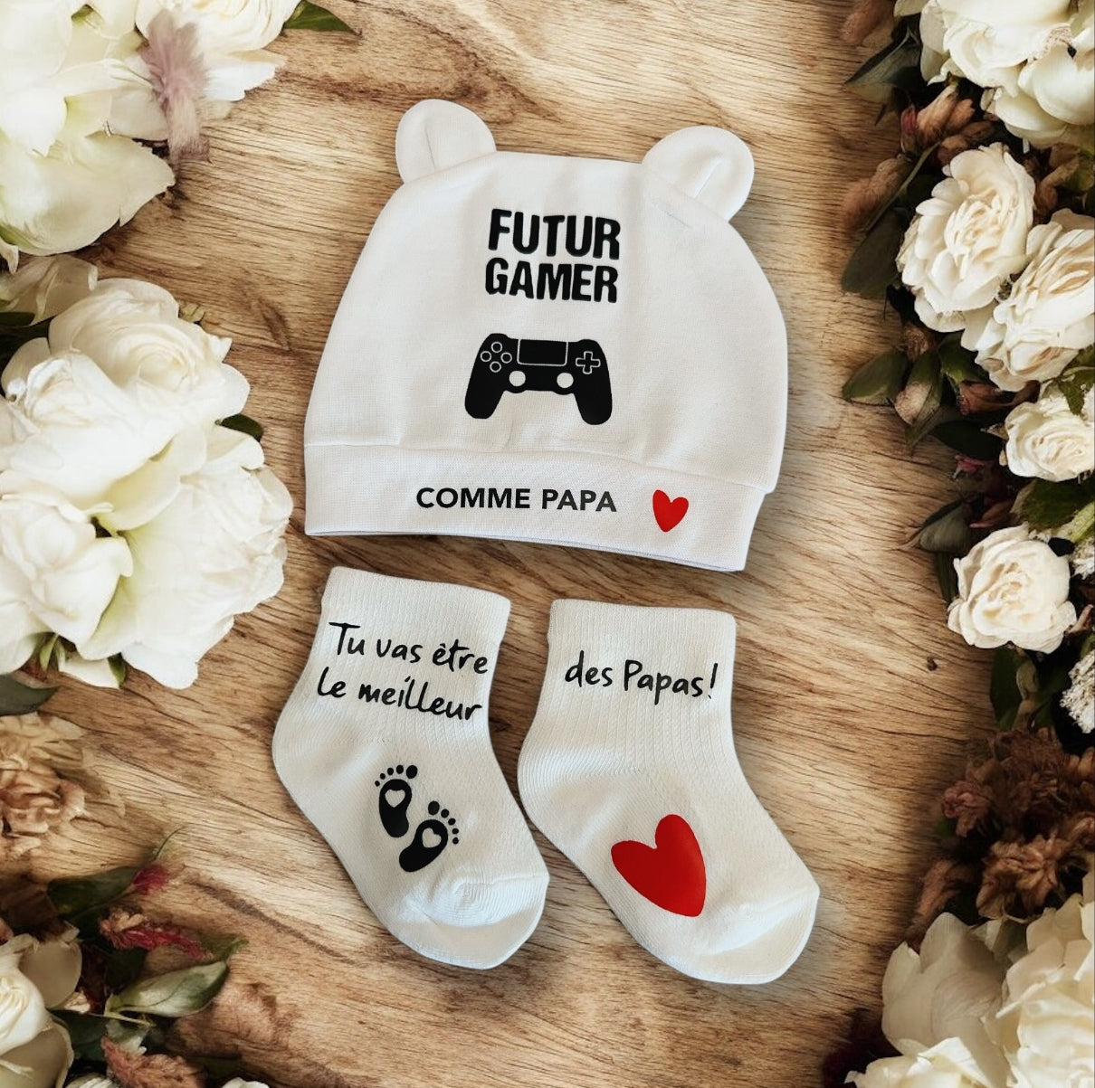 Ensemble Bébé “Futur Gamer comme Papa” 👶🎮 – Bonnet + Chaussettes Annonce de Grossesse Originales