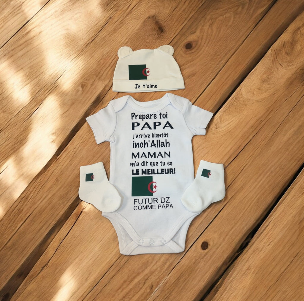 Ensemble bébé personnalisé Futur DZ comme papa – Body bébé annonce grossesse papa – Cadeau naissance algérien