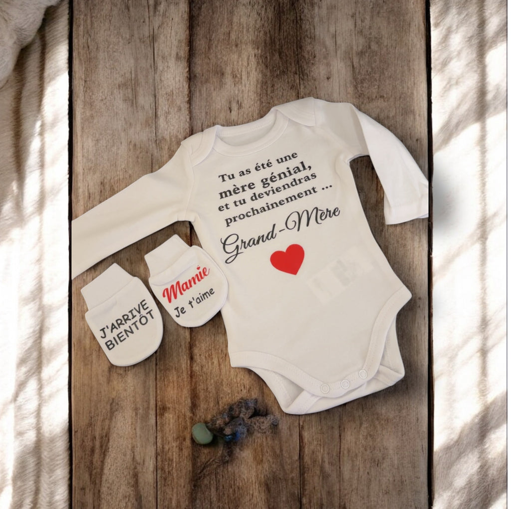 Body et moufles “Annonce Grossesse Mamie” – Cadeau surprise futur Grand-Mère | Idée originale pour révéler une grossesse