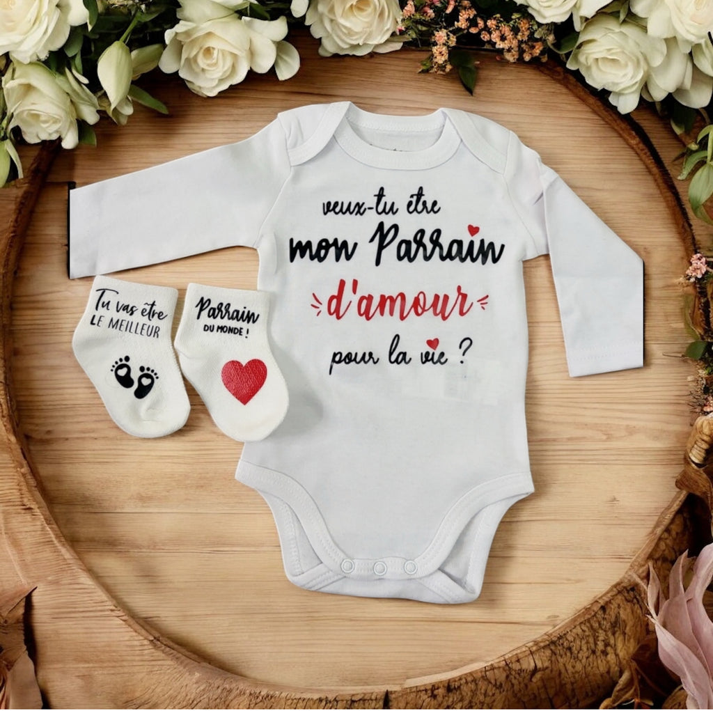 Ensemble bébé “Veux-tu être mon parrain  d’amour pour la vie ?” – Body à message et chaussettes assorties | Cadeau annonce grossesse demande parrain original