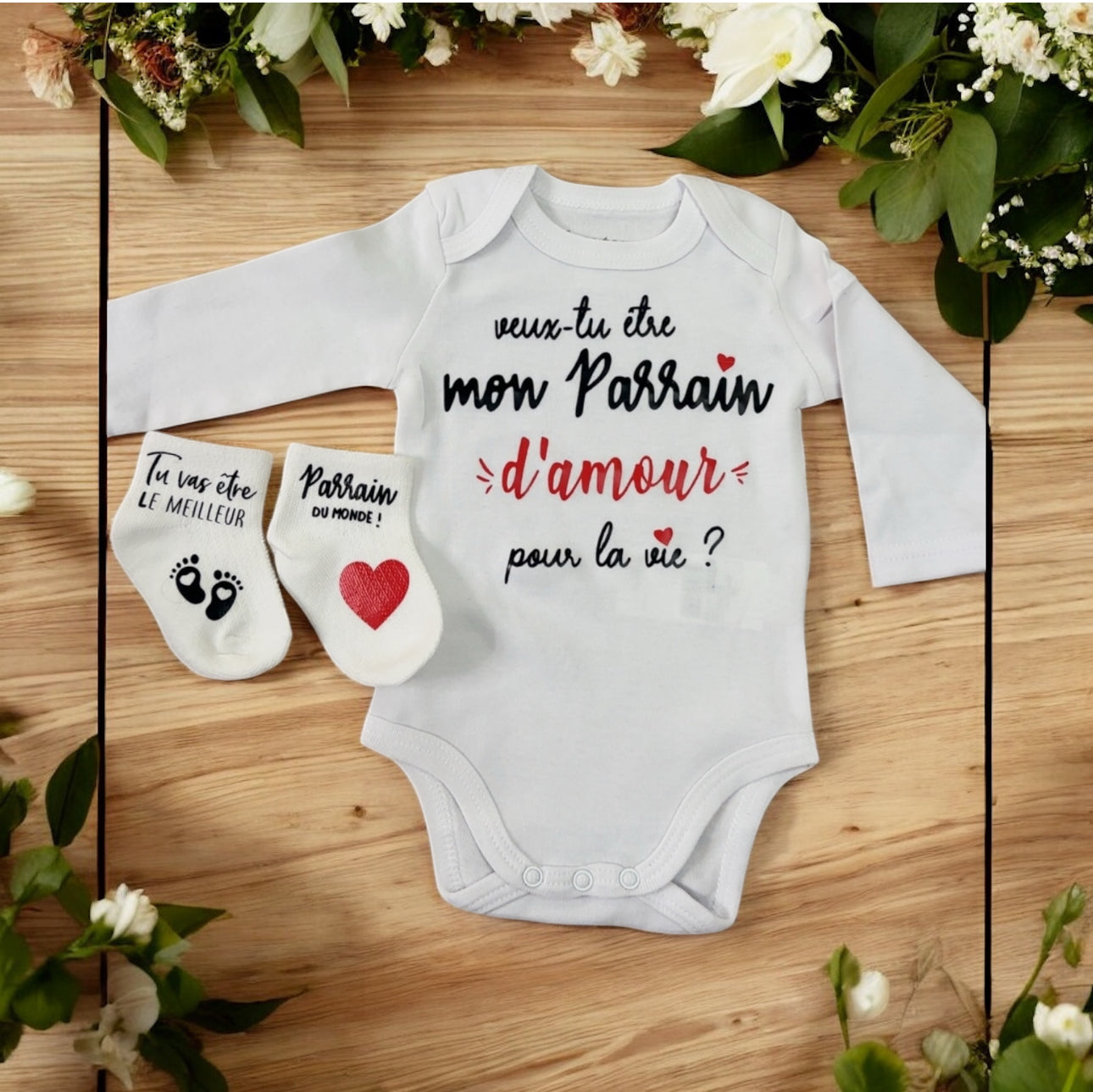 Ensemble bébé “Veux-tu être mon parrain  d’amour pour la vie ?” – Body à message et chaussettes assorties | Cadeau annonce grossesse demande parrain original