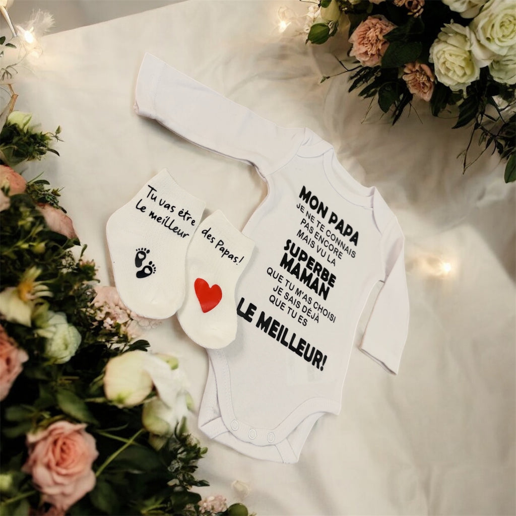 ensemble Body et chaussette Bébé Message Drôle – “Mon Papa, Je ne te connais pas encore…” | Cadeau de Naissance annonce grossesse Original