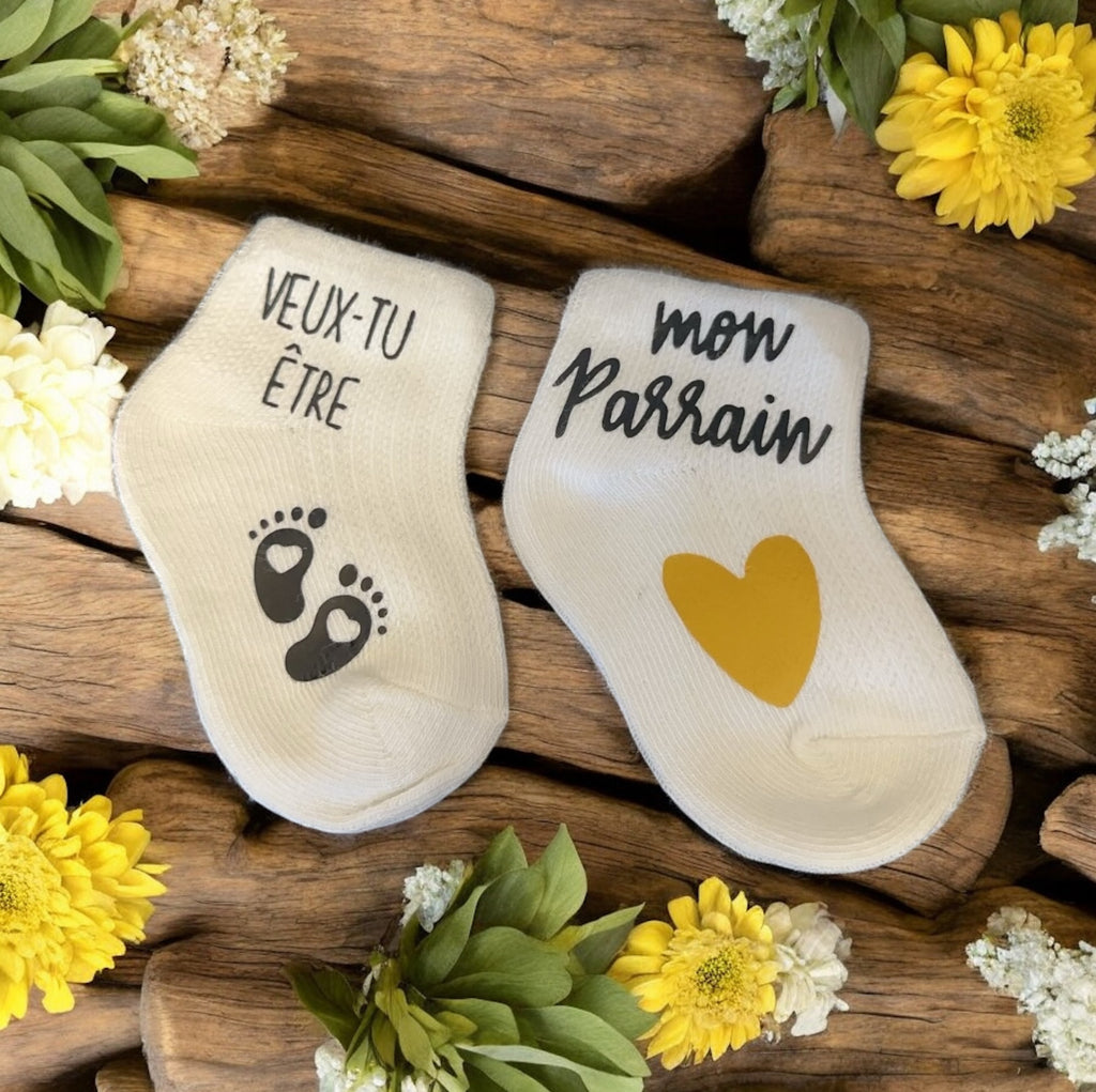🧦 Chaussettes bébé “Veux-tu être mon parrain ?” 💛 | Annonce originale parrainage | Idée cadeau bébé personnalisée