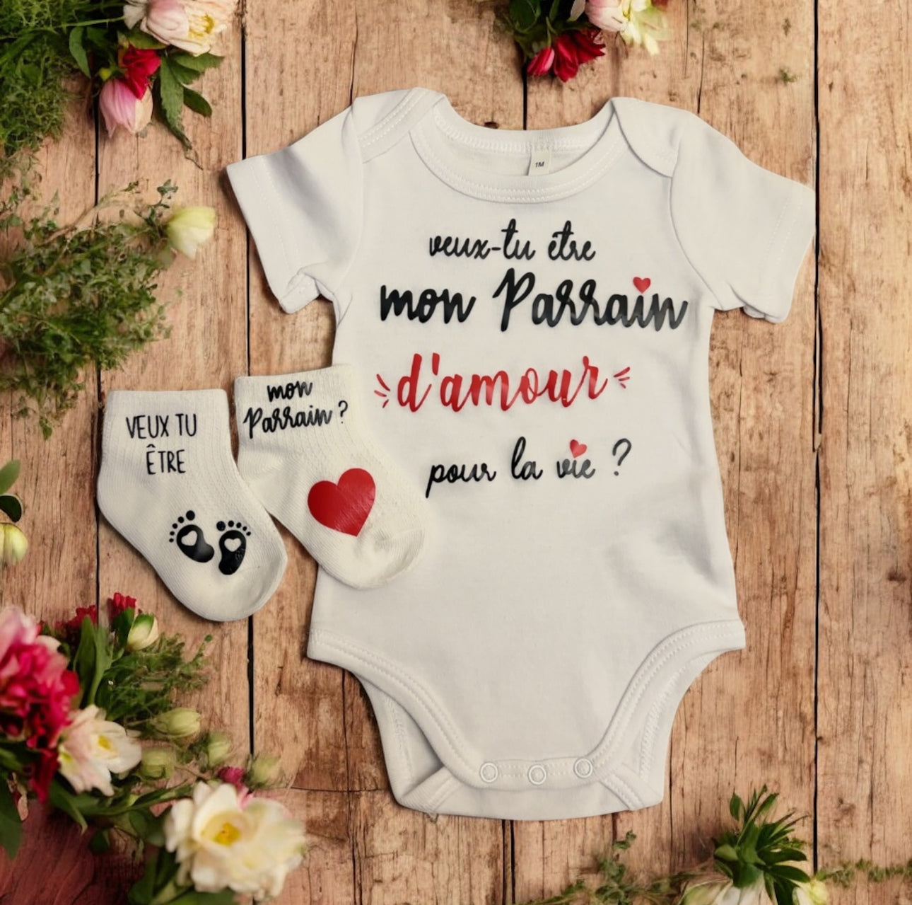 Ensemble bébé “Veux-tu être mon parrain  d’amour pour la vie ?” – Body à message et chaussettes assorties | Cadeau annonce grossesse demande parrain original
