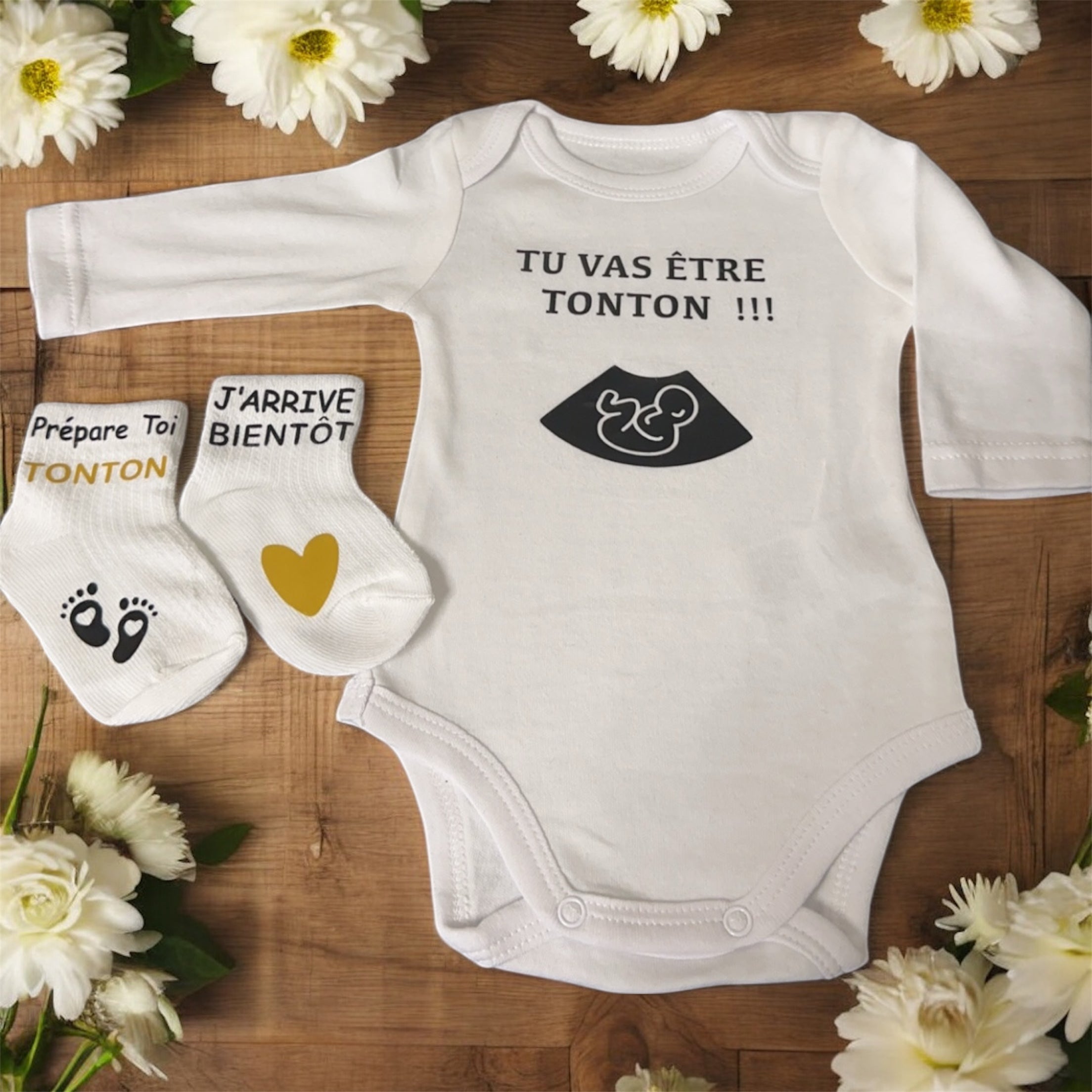 🍼 ensemble annonce grossesse – Body “Tu vas être Tonton !!!” + chaussettes bébé – Cadeau futur tonton original – Idée annonce famille 💛