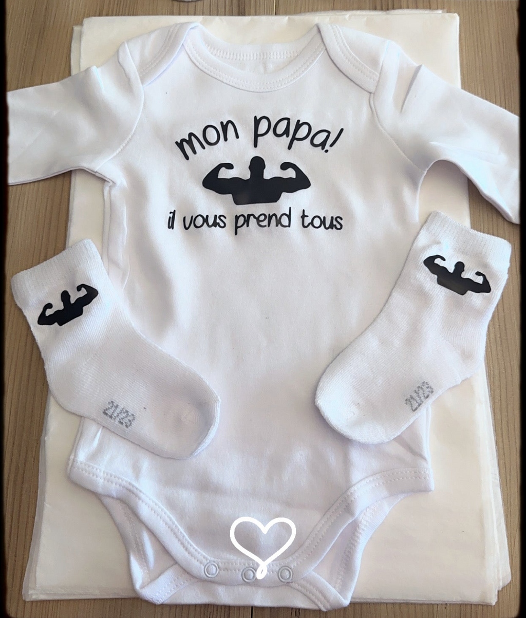 Body bébé “Mon papa il vous prend tous” + chaussettes assorties – Cadeau naissance original – Idée cadeau papa bébé