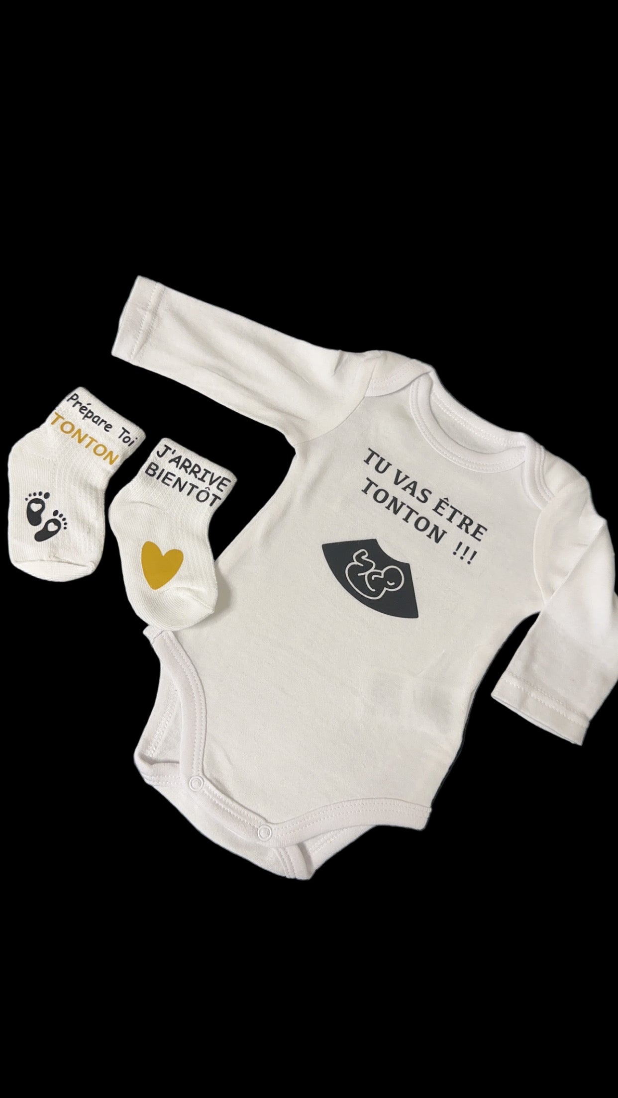 🍼 Coffret annonce grossesse – Body “Tu vas être Tonton !!!” + chaussettes bébé – Cadeau futur tonton original – Idée annonce famille 💛