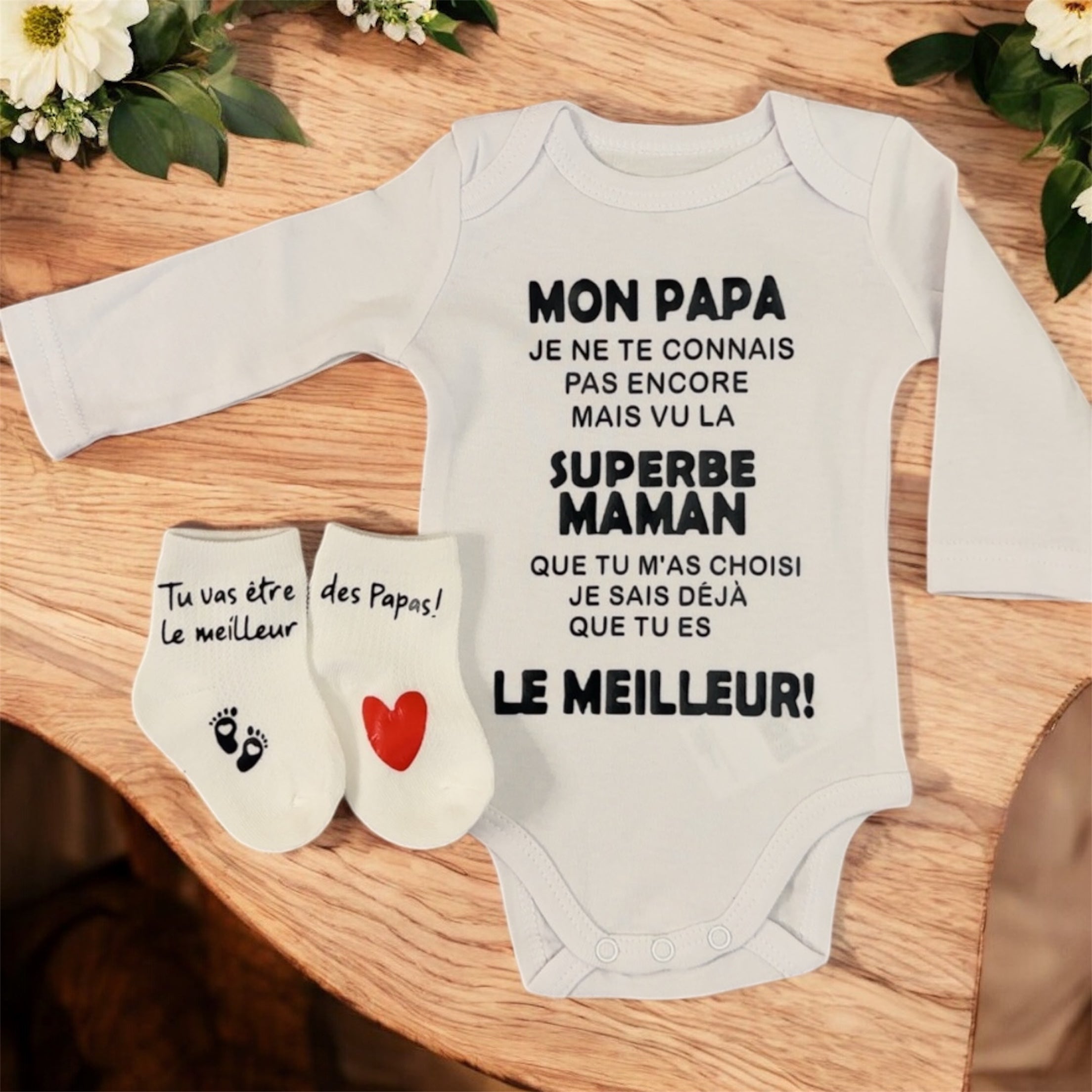 ensemble Body et chaussette Bébé Message Drôle – “Mon Papa, Je ne te connais pas encore…” | Cadeau de Naissance annonce grossesse Original