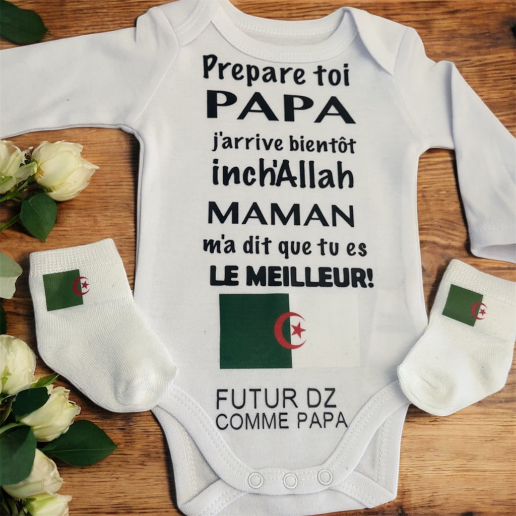 👶 Ensemble naissance bébé « Futur DZ comme papa » 🇩🇿 – Body et chaussette– Cadeau original pour futur papa algérien annonce grossesse
