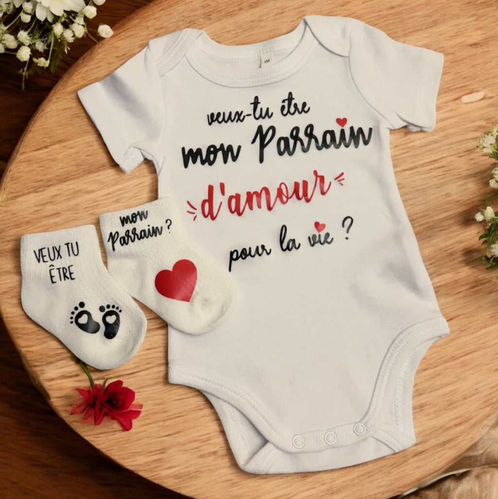 Ensemble bébé “Veux-tu être mon parrain  d’amour pour la vie ?” – Body à message et chaussettes assorties | Cadeau annonce grossesse demande parrain original