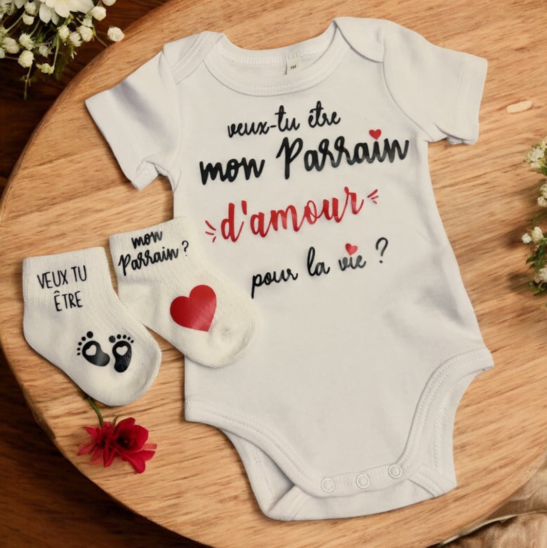 Ensemble bébé “Veux-tu être mon parrain  d’amour pour la vie ?” – Body à message et chaussettes assorties | Cadeau annonce grossesse demande parrain original