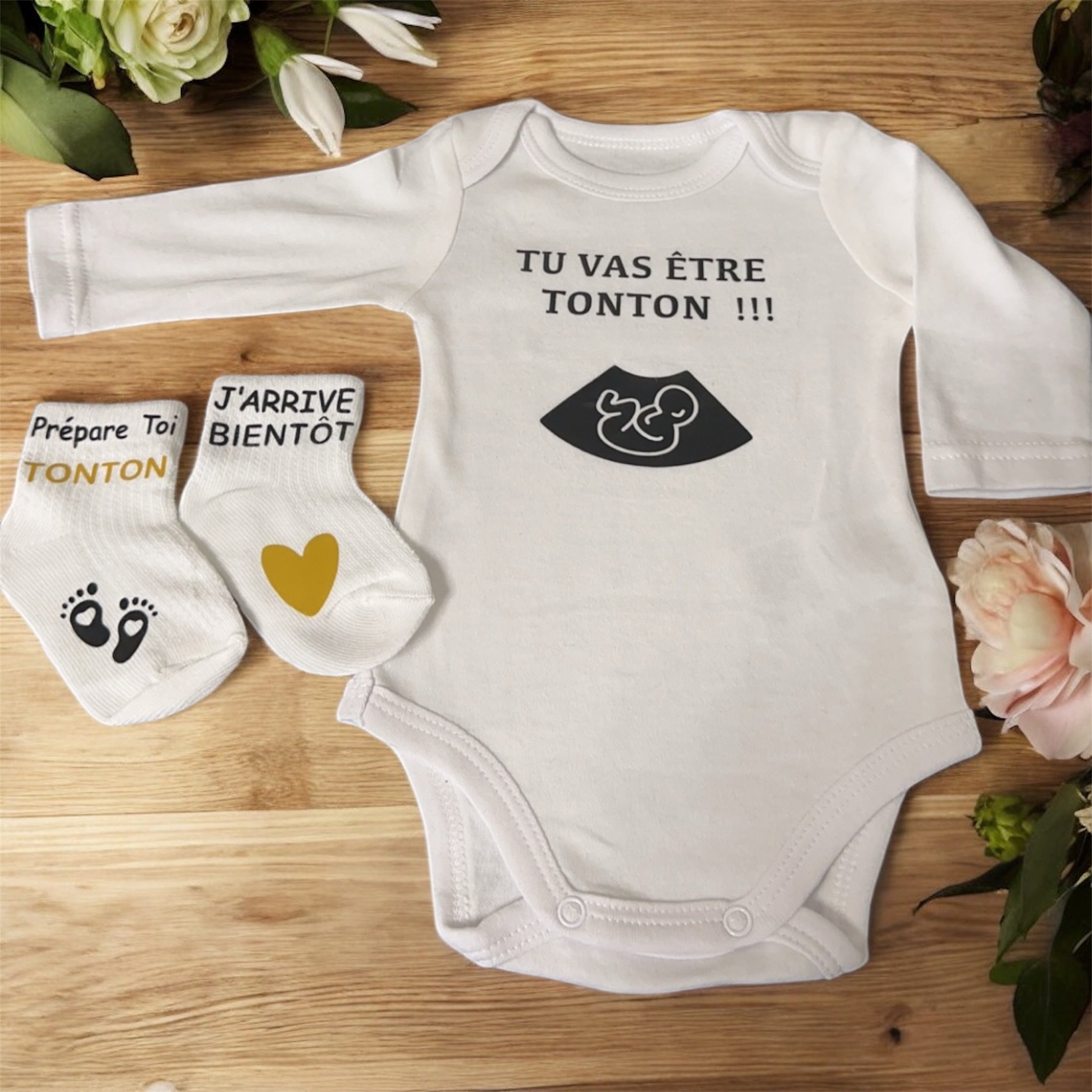 🍼 ensemble annonce grossesse – Body “Tu vas être Tonton !!!” + chaussettes bébé – Cadeau futur tonton original – Idée annonce famille 💛