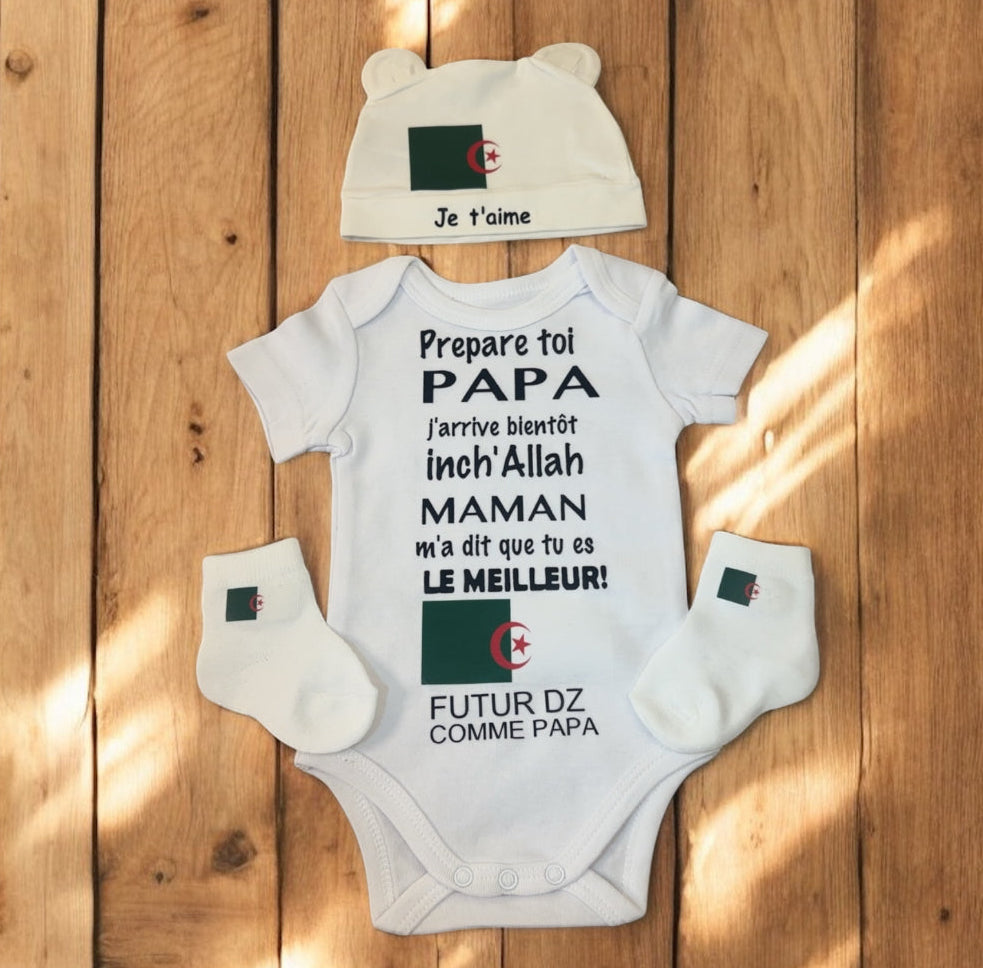 Ensemble bébé personnalisé Futur DZ comme papa – Body bébé annonce grossesse papa – Cadeau naissance algérien