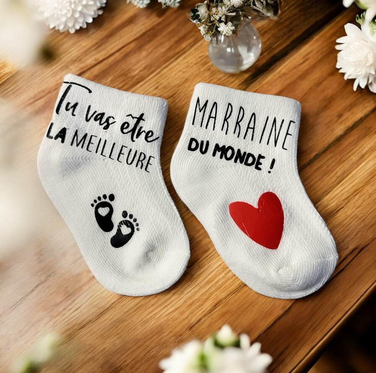 Chaussettes bébé “Tu vas être la meilleure marraine du monde !” – Annonce marraine originale – Cadeau grossesse ou baptême