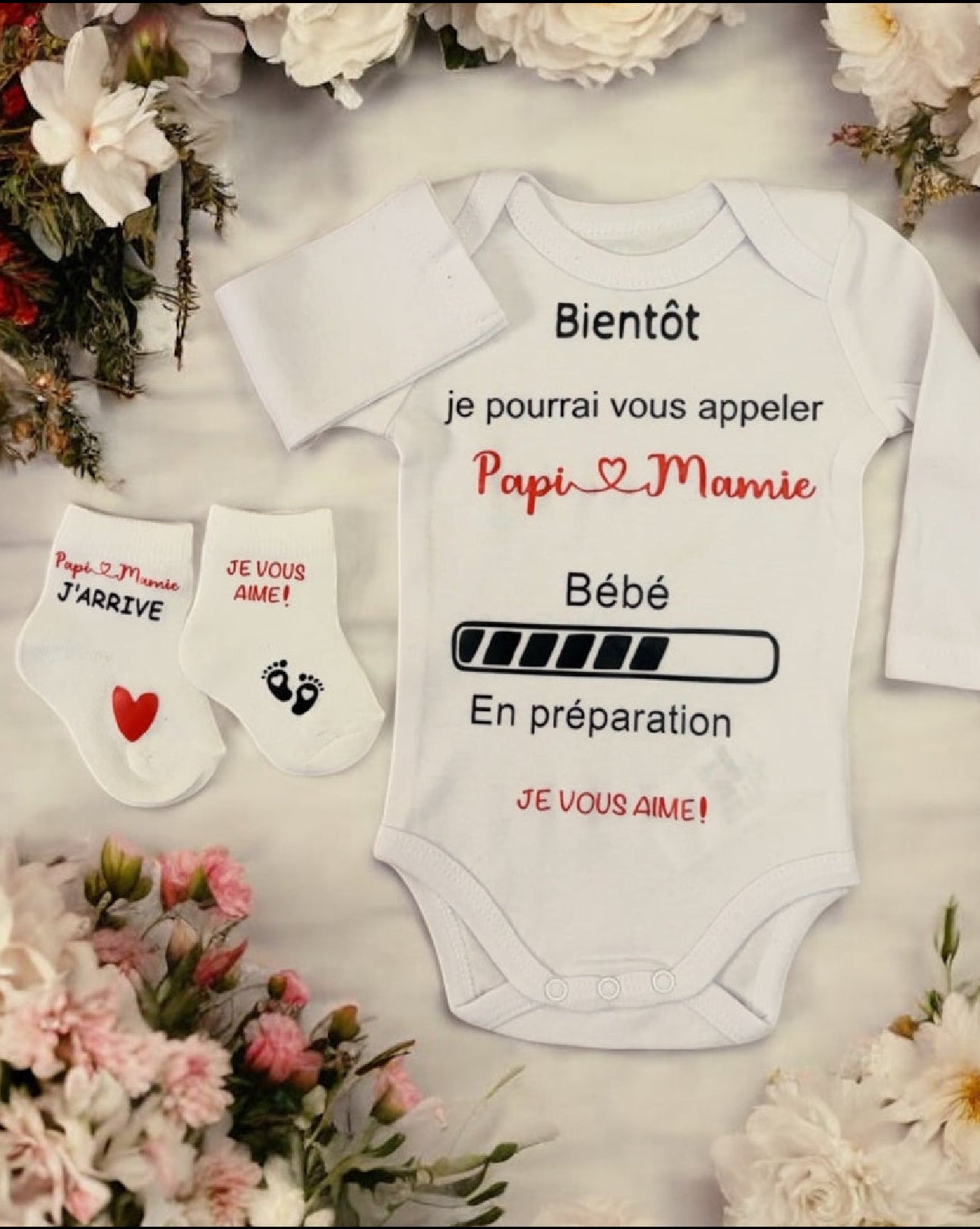 Body annonce grossesse “Papi & Mamie” + chaussettes assorties Cadeau futur grands-parents