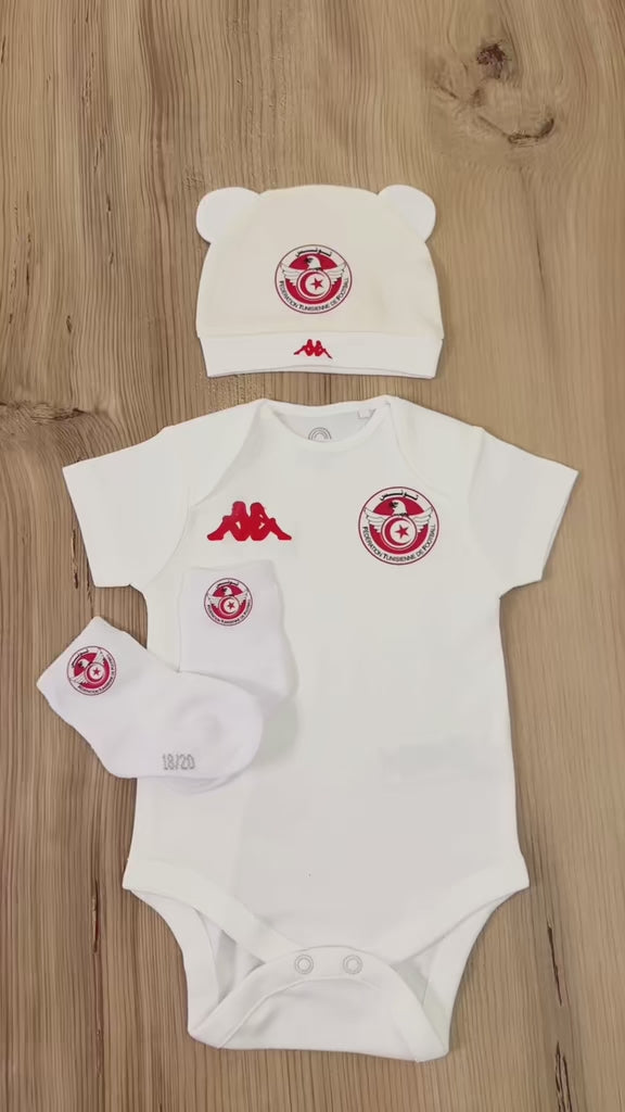 Ensemble bébé supporter Tunisie – Body + Bonnet + Chaussettes | Cadeau naissance | Tenue bébé football tunisien